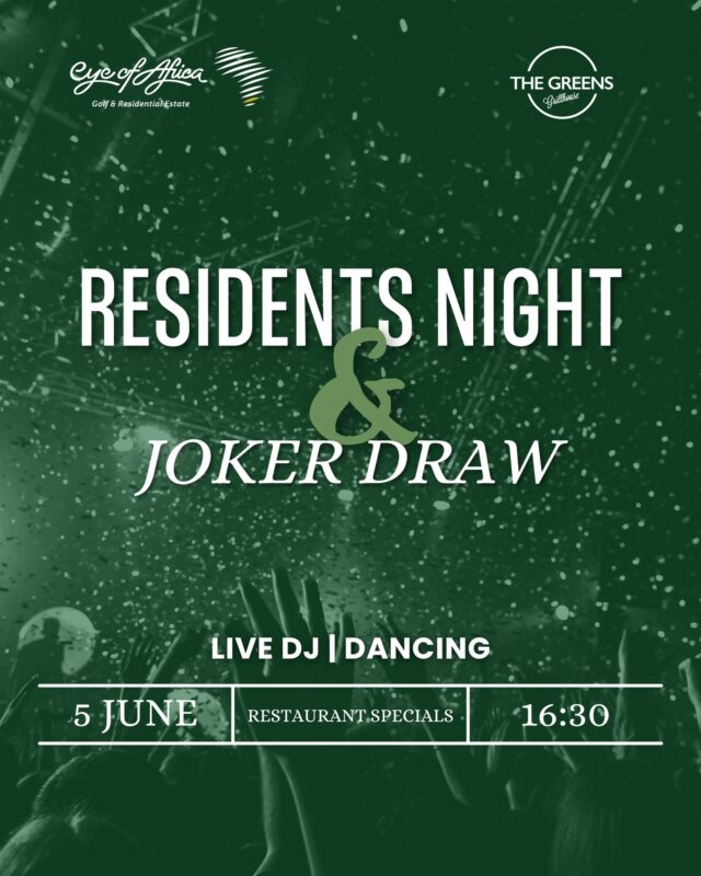 🏡 Residents, this one is for you!

Join your Eye of Africa neighbours for an evening of great food, good company and community at The Greens Clubhouse.

🎧 Live DJ
🍽️ Restaurant Specials
🃏 Joker Draw

Whether you're catching up with neighbours, meeting new faces or simply enjoying a relaxed evening within the estate, Residents Night is the perfect way to spend the weekend!

📅 Fri 5 June 2026
🕟 16:30pm 
📍 The Greens Clubhouse

✨ Exclusive to Eye of Africa residents.

#EyeOfAfrica #EstateLiving #Weekend #TheGreens #Community