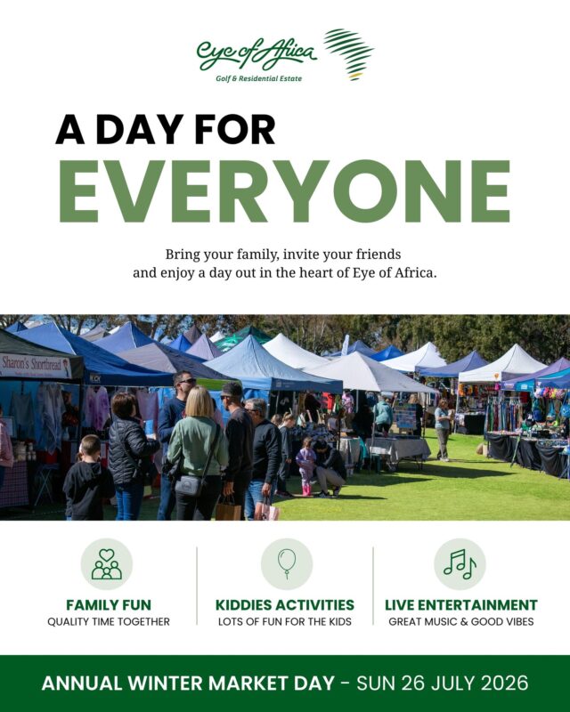 WINTER MARKET DAY ❄️ 
A day of fun, great good, unique shopping, live entertainment and activities for the whole family at our Winter Market Day.

📅 26 July
📍 Eye of Africa Golf & Residential Estate

Winter Market Day - where there's something for everyone! 💚

#EyeOfAfrica #WinterMarket #Family #Weekend #Market