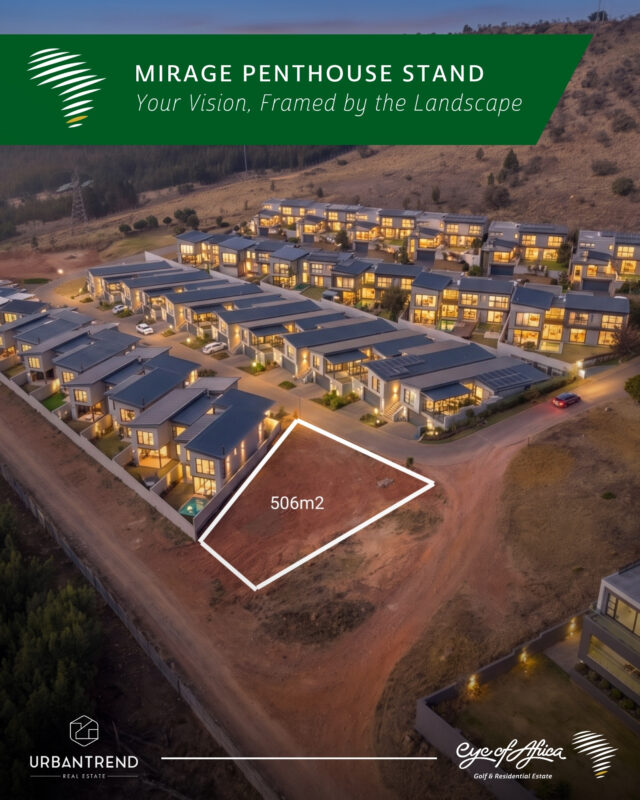 Build your Penthouse dream ✨

Positioned on the outer edge of Mirage, this approximately 506m² stand offers elevated views, added privacy and the freedom to create a home designed around its incredible outlook. 🏞️

📐 Approximately 506m² stand
🌄 Rare corner position with elevated views
📑 HOA-approved plans available
🏠 Contemporary double-storey design
✍️ Bring your own plans, subject to approval

💰 Priced at R930,000.00

📩 Contact us to arrange a viewing.

📞 Tarryn Nash | 063 601 2800
📞 Nontu Vilakazi | 078 651 8926
📞 Sandra Harmse | 073 170 0105

Eye of Africa proudly presents this property. UrbanTrend Real Estate exclusively sells all our properties as the sole appointed and registered sales agency for Eye of Africa Developments.

#EyeOfAfrica #JustListed #UrbanTrend #Mirage #EstateLiving