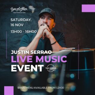 Join us for a fantastic Saturday at Eye of Africa, where live music and rugby take centre stage!🎉

What's on:
🎸 13H00 - 16H00 Live music with Justin Serroa 
🏉 19H40 Autumn Nations Series 2024: South Africa vs England Rugby Live Screening 
🥩 Fantastic braai menu available from 12H00

Bring your energy, cheers and favourite people!!

Date: Saturday 16 November 2024
Time: 13H00 - 16H00 - Live Music 
	 19H40 - Live Rugby Screening 
Place: The Greens Grillhouse 

To book, contact: 071 106 1440 | greens@eyeofafrica.co.za