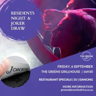 Get Ready for Residents Night at The Greens Grillhouse! 

Join us for an unforgettable evening filled with delicious food, drink specials, and lively entertainment!

🗓️ Date: 6 September 2024
⏰ Time Starts: 16h30 - 19h00

Come enjoy great company and community vibes. This is a night you won't want to miss!

#ResidentsNight #EyeOfAfrica #TheGreensGrillhouse #Jackpot #LiveMusic #FoodAndFun #CommunityVibes