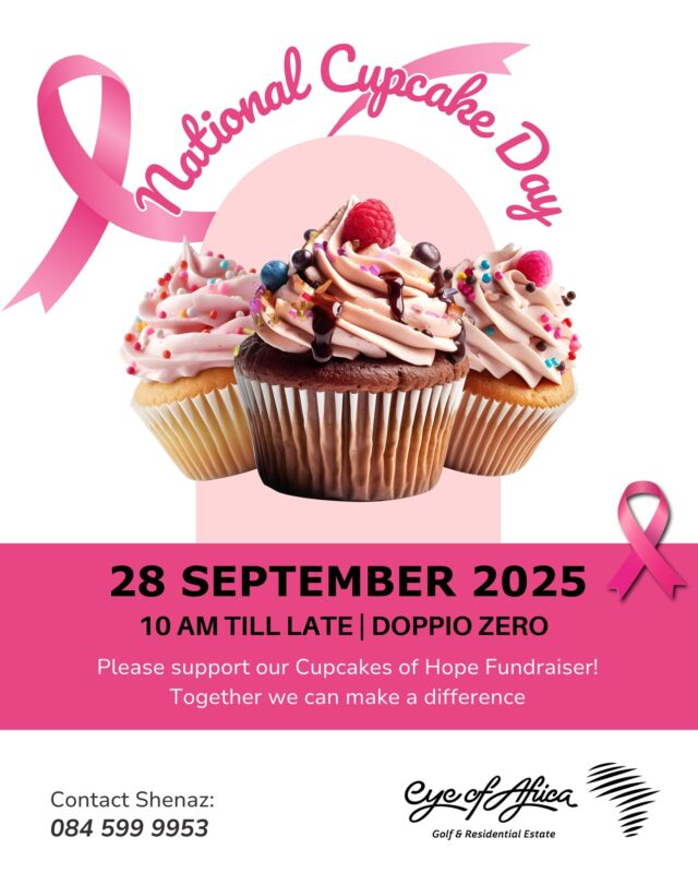 🤝 Take hands with us as we make a difference—one cupcake at a time! 🎗️
Join us this National Cupcake Day as we support the Cupcakes of Hope fundraiser and help bring hope to children fighting cancer.

📍 28 September 2025
🕙 10AM till late
📍 Doppio Zero, Eye of Africa

Bring your friends, enjoy a sweet treat, and let’s make every cupcake count for something bigger 💕

📞 Contact Shenaz for info: 084 599 9953

#CupcakesOfHope #NationalCupcakeDay #EyeOfAfrica #SweetForACause #UrbanTrend