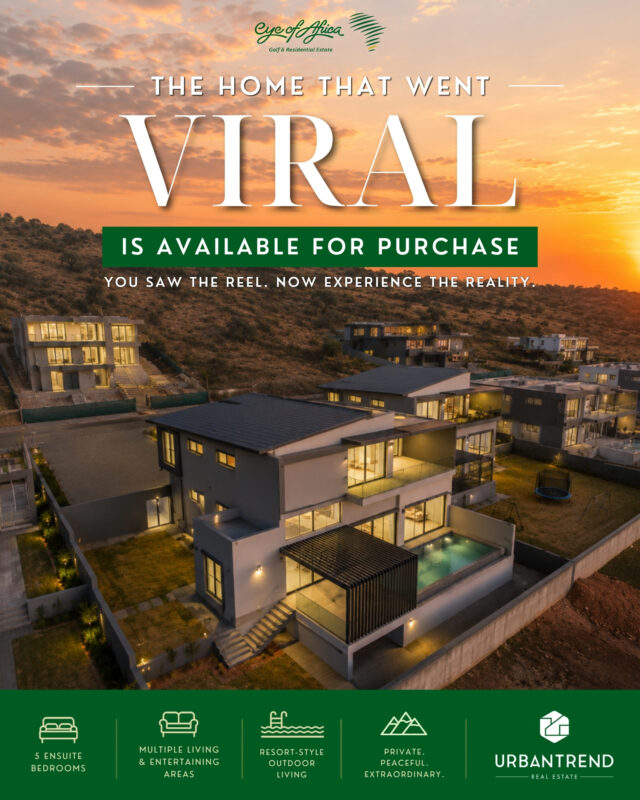 🏡 The home you've been waiting for is finally on the market.

✨ After turning heads across social media with a reel that went viral, this brand-new architectural masterpiece on Sunset Boulevard is officially available for purchase.

🌅 Never before occupied, this exceptional residence offers:
•⁠ ⁠5 luxurious en-suite bedrooms
•⁠ ⁠Expansive entertainment spaces
•⁠ ⁠Infinity pool
•⁠ ⁠Panoramic estate views
•⁠ ⁠Premium designer finishes throughout

📍 Positioned on one of Eye of Africa's most prestigious streets, this is a rare opportunity to own one of the estate's finest homes.

💰 Priced at only R 11,000,000.00

📞 Tarryn Nash: 063 601 2800
📞 Sandra Harmse: 073 170 0105
📞 Brenden Harmse: 078 800 4630

🔑 Book your private viewing today and discover why this is one of Eye of Africa's most exceptional addresses.

#EyeOfAfrica #UrbanTrendRealEstate #LuxuryLiving #GolfEstateLiving #JohannesburgProperty