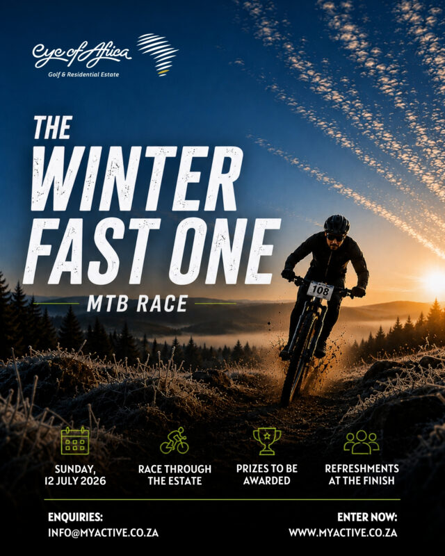 🚵 Ready to take on the Winter Fast One? 

Push your limits as you race through the scenic trails of Eye of Africa in this exciting MTB event. 

Whether you're chasing a personal best or simply riding for the experience, it's a morning of great trails and friendly competition. 

🏆 Prizes to be won
🚴 Race through the estate
☕ Refreshments at the finish

📅 Sunday, 12 July 2026

Enter now at www.myactive.co.za or contact info@myactive.co.za for more information.

#EyeOfAfrica #WinterFastOne #MountainBiking #CyclingEvents #MTB