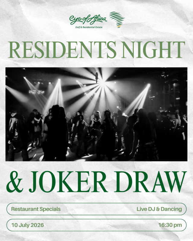🎶 Residents Night is back! 🃏✨

Join us for an evening of great food, live music, dancing and the excitement of the Joker Draw at Eye of Africa.

Enjoy delicious restaurant specials, while catching up with neighbours and friends.

Who knows... you could be walking away with the Joker! 🍽️🎉

📅 10 July 2026
🕟 From 16:30

We look forward to seeing you there! 💚

#EyeOfAfrica #ResidentsNight #EstateLiving #CommunityLifestyle #Weekend