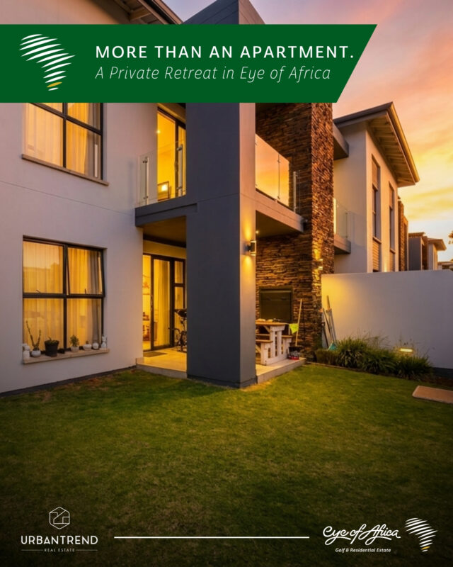 🌅 This one is rare! 

Set within the sought-after Haymarket enclave at Eye of Africa, this beautifully maintained ground floor apartment blends warmth, privacy, and effortless modern living.

Golden afternoon light fills the home, while the expansive private garden creates the feel of a freestanding residence — perfect for quiet morning coffees and sunset evenings outdoors.

Property Features:
🛏️ 3 Spacious Bedrooms
🛁 2 Modern Bathrooms
🌿 Expansive Private Garden
☀️ Covered Patio & Entertainment Area
🍽️ Designer-Style Kitchen with Premium Finishes
✨ Open-Plan Living & Dining Areas
🌅 Beautiful Natural Light Throughout
🚘 Double Carport
🔒 Secure Estate Living

💰 Priced at only R2 200 000.

📩 Contact us to arrange a viewing.
📞 Tarryn: 063 601 2800
📞 Nontu: 078 651 8926
📞 Sandra: 073 170 0105

#EyeOfAfrica #UrbanTrend #EstateLife #GolfEstate