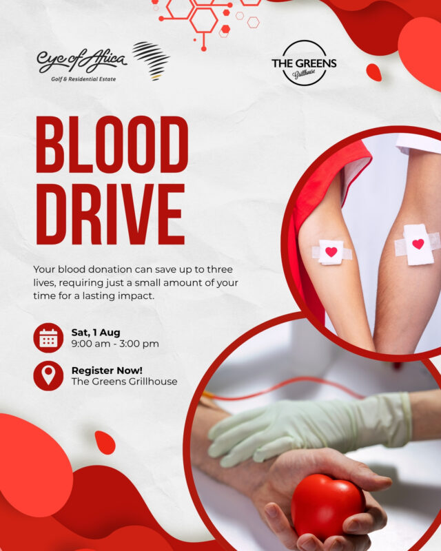 🩸 One donation can save up to 3 lives.

Join us for the Eye of Africa Blood Drive and make a difference with just a small amount of your time. 

Every unit of blood helps save lives when it matters most.

📅 Saturday, 1 August
🕘 9:00 am – 3:00 pm
📍 The Greens Grillhouse

#EyeOfAfrica #BloodDrive #GiveBloodSaveLives #TheGreensGrillhouse