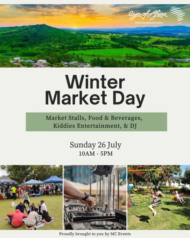 ❄️ Winter Market Day is coming to Eye of Africa this July!

Spend the day exploring local market stalls, enjoying great food and beverages, listening to live music, and making memories with family and friends.

📅 Sunday, 26 July 2026
⏰ 10AM - 5PM

🛍 Market Stalls
🍔 Food & Beverages
🎈 Kiddies Entertainment
🎧 Live DJ

Save the date – we can't wait to welcome you! 

#EyeOfAfrica #Market #Winter #EstateLiving #Family